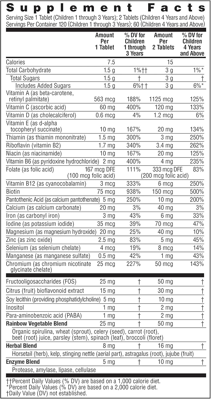 Rainbow Light Multivitamins for Kids, Vitamin B, Zinc & Iron, Prebiotics, Nutri Stars Provides Brain & Nervous System Support, Pineapple Orange, 120 Chewable Tablets