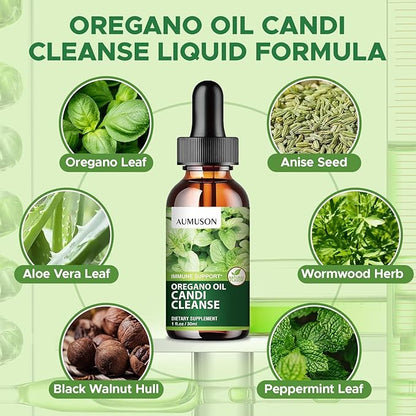 Oregano Oil Candi Cleanse Drops,Oil of Oreg ano Liquid with Black Seed Oil,Natural Herbal Essential Oil for Immune Support,Digestive Gut Clean Health, Antioxidant