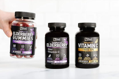 Zeal Naturals Max Strength Elderberry Capsules + Zinc + Vitamin C | 500mg for Immune System Support with Black Sambucus Elderberry | 100 Count | 3-in-1 Immune Support for Adults