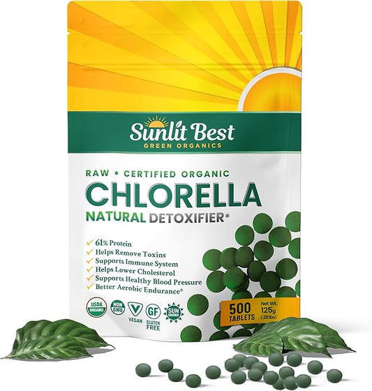 Sunlit Organic Chlorella Tablets for Natural & Full Body Cleanser 500 Count - Supplement Supports Your Gut Health, Immune System & Energy Level, High in Protein, Chlorophyll, Vitamins and Minerals