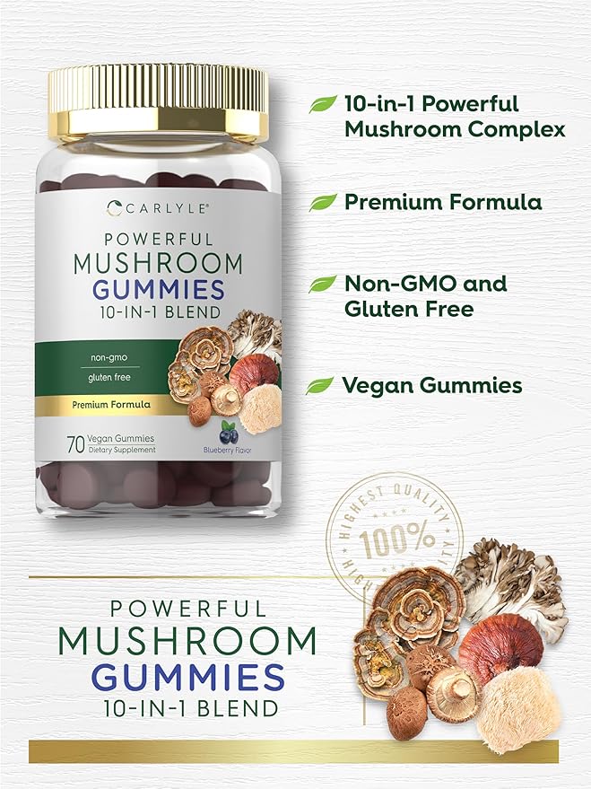 Carlyle Mushroom Supplement Gummies | 70 Vegan Gummies | 10-in-1 Blend | Non-GMO, and Gluten Free