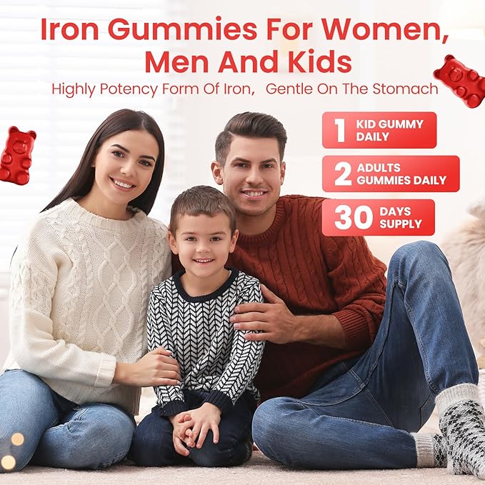Iron Gummies for Women & Kids - Iron Supplement Gummies with Multivitamin for Blood Builder, Energy, Iron Deficiency & Anemia - Sugar Free Vegan Iron Gummies Strawberry 60 ct