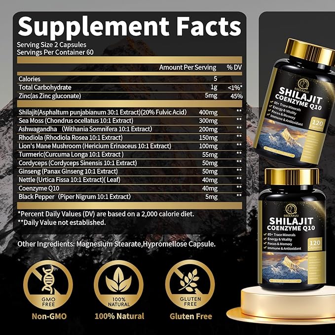 Shilajit for Men & Women with Sea Moss & Ashwagandha,12 in 1 Himalayan Shilajit Supplements Capsules with Coenzyme Q10, Fulvic Acid & Humic Acid, Lion's Mane, Support Energy & Immunity, 120 Counts