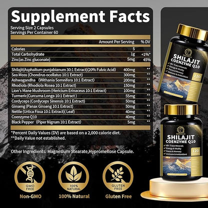 Shilajit for Men & Women with Sea Moss & Ashwagandha,12 in 1 Himalayan Shilajit Supplements Capsules with Coenzyme Q10, Fulvic Acid & Humic Acid, Lion's Mane, Support Energy & Immunity, 120 Counts