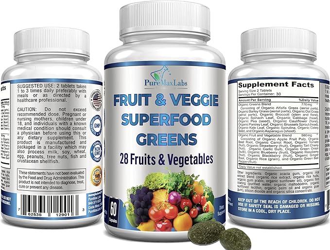 Fruit and Veggie Superfood Greens - 28 Fruits and Vegetables incl. Alfalfa, Barley Grass, Spirulina, Beet Root, Tart Cherry, Concentrated Natural Antioxidants- 60 Tablets
