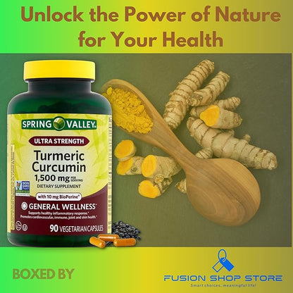 Spring Valley Turmeric Curcumin 1500mg- with Black Pepper Capsules, 90ct (Pack of 1), Boxed by Fusion Shop Store