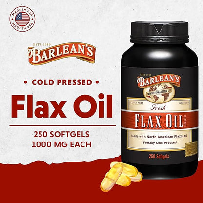 Barlean's Flaxseed Oil Softgels, Cold-Pressed Flax Seed Supplement with 1,650 mg ALA Omega-3 Fatty Acids, 1000mg, 250 ct