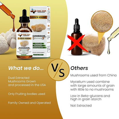 Lions Mane Dual Liquid Extract/Tincture | Organic Fruiting Bodies only | Grown in USA | Highly Concentrated | Memory, Focus, Immunity | No Grain/Filler