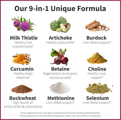 Unique Formula® Liver Support Supplement, Herbal Liver Detox with Milk Thistle, Artichoke Leaf, Buckwheat Sprouted, Methionine, Curcumin, Betaine, Plant-Based (90 Capsules)