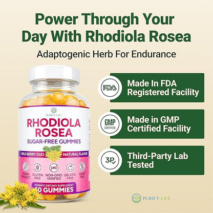 Purify Life Sugar-Free Rhodiola Rosea Gummies (1500mg/Serving) Cortisol Detox & Adrenal Support Supplement - Adaptogenic Rhodiola for Mood, Motivation, Stamina & Performance, Non-GMO, 60 Vegan Chews