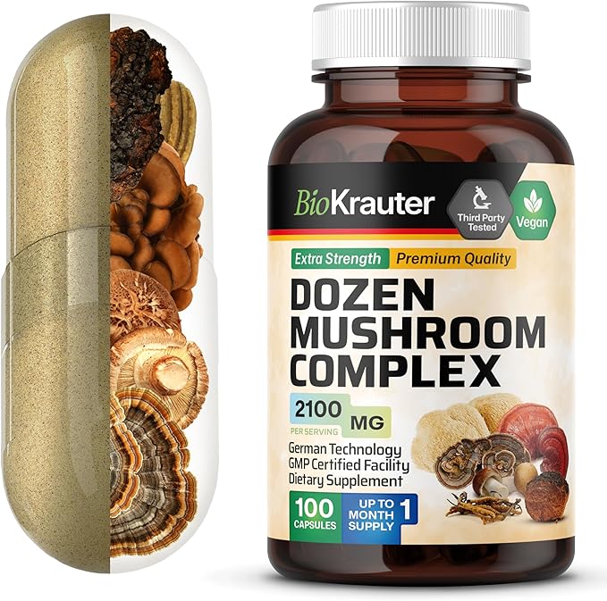 BIO KRAUTER Dozen Mushroom Complex Capsules 2100 mg Blend - 100 Vegan Caps - 12 Extracts in One Mushroom Supplement for Immune Support - Lions Mane, Reishi, Cordyceps