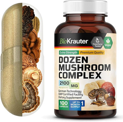 BIO KRAUTER Dozen Mushroom Complex Capsules 2100 mg Blend - 100 Vegan Caps - 12 Extracts in One Mushroom Supplement for Immune Support - Lions Mane, Reishi, Cordyceps