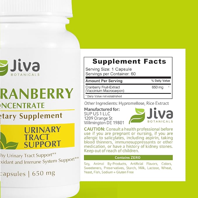 Jiva Botanicals Concentrated Cranberry Supplement - 650 mg Cranberry Powder Extract Pills for Women - High Potency for Normal Urinary Tract Health - 60 Capsules