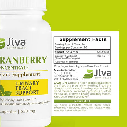 Jiva Botanicals Concentrated Cranberry Supplement - 650 mg Cranberry Powder Extract Pills for Women - High Potency for Normal Urinary Tract Health - 60 Capsules