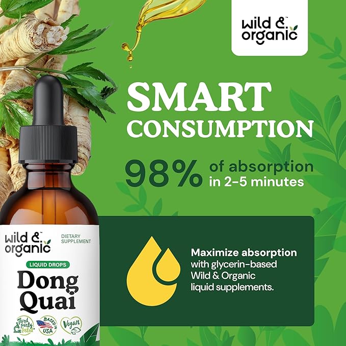 Wild & Organic Dong Quai Tincture 500 mg - Angelica Root Supplements for Women - Dong Quai Root Liquid Extract Drops - Angelica Sinensis Herb - No Sugar & Alcohol - 2 fl oz