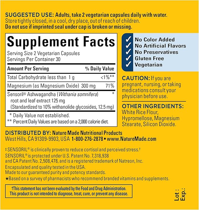 Nature Made Calm & Relax with 300mg Magnesium and 125mg Ashwagandha for Stress Relief, 60 Veggie Capsules