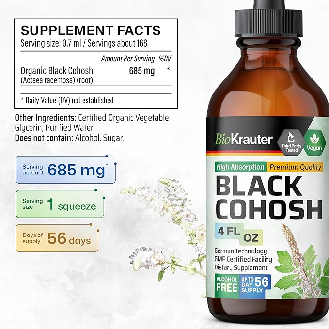 BIO KRAUTER Black Cohosh Tincture - Vegan Black Cohosh Supplements Women Support - Alcohol and Sugar Free - 4 Fl.Oz.