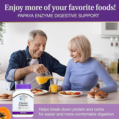 21st Century Papaya Enzyme Chewable (100 Count), Papaya & Pineapple Digestive Enzymes for Gut Health, Tropical Flavor, Non-GMO, Gluten-Free, No Added Salt, Yeast, Artificial Flavors