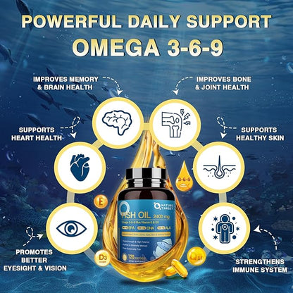 NATURE TARGET Triple Omega 3 6 9, Fish Oil 2400mg Softgels with Vitamin D3 & E - EPA & DHA & ALA - Supports Heart, Brain, Joint & Immune Health, Sustainably Sourced, Non-GMO