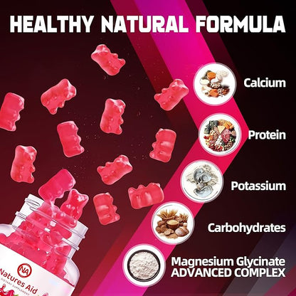 Magnesium Glycinate Gummies 1000mg - Sugar Free Magnesium Potassium Supplement with Vitamin D, B6, CoQ10 for Calm Mood & Sleep Support - 90 Raspberry Gummies.