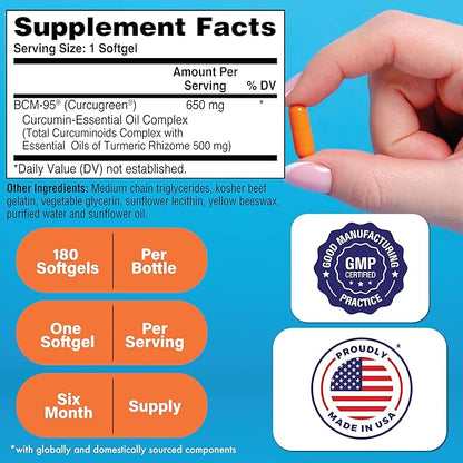 Health Thru Nutrition Curcu-Gel 650mg BCM-95® CurcuGreen Turmeric Curcumin | High Absorption | Healthy Inflammation Response | Clinically Studied | 3rd Party Tested | Non-GMO (Pack of 180)