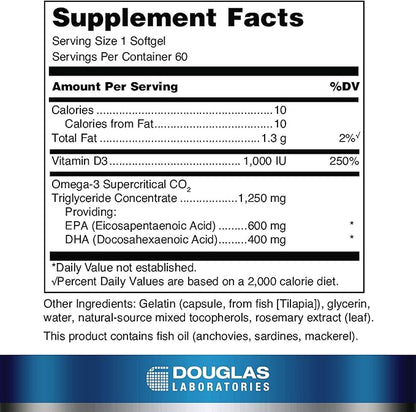 Douglas Laboratories Quell Fish Oil EPA/DHA Plus D | 3:2 Ratio of EPA to DHA Essential Omega 3 Fatty Acids Plus 1,000 I.U. of Vitamin D3* | 60 Softgels