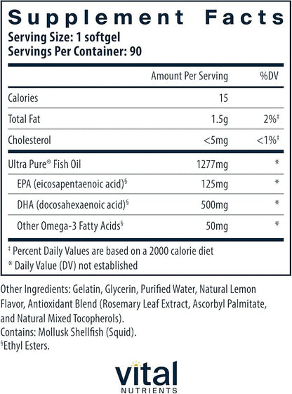Vital Nutrients Ultra Pure® Fish Oil 675 | Supports Brain Development & Function* | Sustainably Sourced High DHA Omega-3 Fatty Acid | Lemon Flavor | Gluten, Dairy & Soy Free | 90 Softgels
