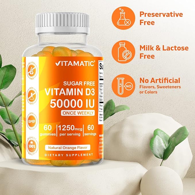 Vitamatic Sugar Free Vitamin D3 50,000 IU Weekly Supplement – 60 Pectin-Based Gummies High-Potency Vitamin D for Bone, Teeth & Immune Support