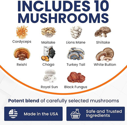 Mushroom Supplement Capsules - 10x Mushroom Complex with Lions Mane Cordyceps Shiitake Reishi Mushrooms Supplements - All Natural Herbal Vitamins Extract Pills for Focus Energy and Brain 90 Capsules
