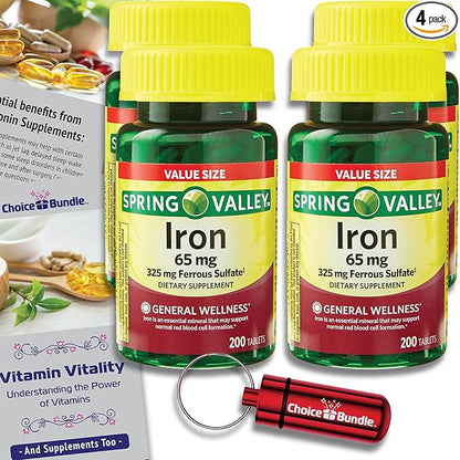 Spring Valley Iron Tablets Dietary Supplement Value Size 65 mg 200 CT 4 Pk Choice Bundle (800 Total) + Vitamin Vitality Guide & Pill Container (6 Items)!