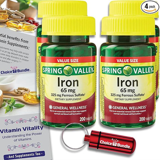 Spring Valley Iron Tablets Dietary Supplement Value Size 65 mg 200 CT 4 Pk Choice Bundle (800 Total) + Vitamin Vitality Guide & Pill Container (6 Items)!