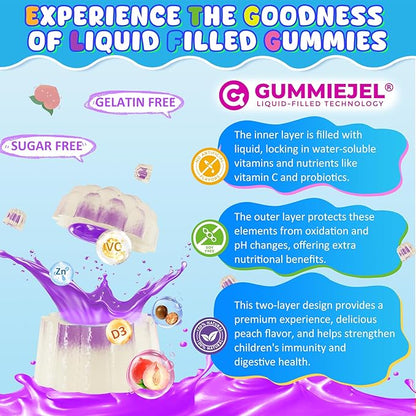 Kids Immune Support Gummies, Probiotics Vitamin C Zinc & Elderberry Gummies for Kids 4+, 6-in-1 Daily Kid Vitamin C Gummies Chewable with Immune & Digestive Support, Sugar Free, Peach Flavor, 60 Count