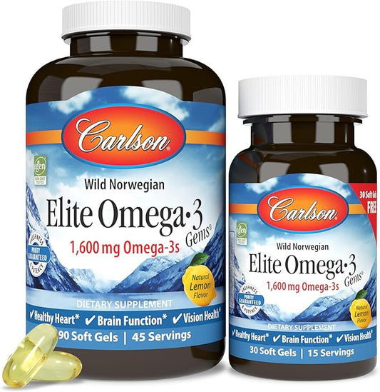 Carlson - Elite Omega-3 Gems, 1600 mg Omega-3 Fatty Acids Including EPA and DHA, Norwegian Fish Oil Supplement, Wild Caught, Sustainably Sourced Capsules, Lemon, 90+30 Softgels