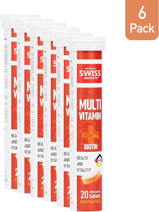 Effervescent Multivitamins + Biotin for Wellness and Vitality Dietary Supplement with Vitamins C, E, B1, B2 B6, B12, A, and D3, 6-Pack, 120 Tablets