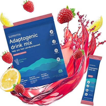 Powdered Drink Mix Calm, Adaptogenic Drink Mix Calm, Raspberry Lemonade, L Theanine,Ksm-66 Ashwagandha, Magnesium Glycinate, Vitamin D3, Relaxation & Focus, No Sugar, Non GMO