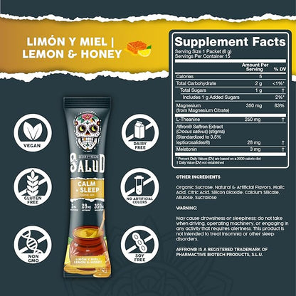 Salud 2-in-1 Sleep Aid + Calm Drink Mix, Lemon Honey Flavor, Melatonin, Magnesium, Saffron Extract, L-Theanine, Non-GMO, Gluten Free, Vegan, Low Calorie, 1g of Sugar (15 Servings)