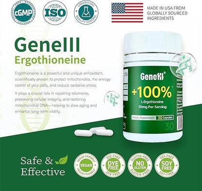 L-Ergothioneine Supplement, 30mg(EGT)/Serving, 6X Ergothioneine Mushroom Extract Supplements Longevity, Immune Support, Heart Health & Brain Supplement, Lab Tested, Made in USA (30 Servings)