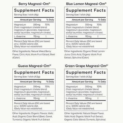 Moon Juice Tutti Frutti Magnesi-Om Variety Pack | Magnesium + L-Theanine | for Natural Calm + Regularity | Magnesium Citrate | Sugar Free | Guava, Green Grape, Blue Lemon, Berry | (24 Sticks)