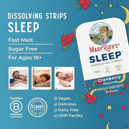 Sleep Dissolving Strips by MaryRuth's | L Theanine | Chamomile Flower | Melatonin 5mg | Valerian Root | Vitamin B6 | Sugar Free | Cranberry Flavor | Vegan | Gluten Free | Dairy Free | 30 Count