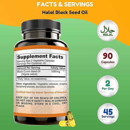 Halal Black Seed Oil | 1000mg 45 Servings | Nigella Sativa, Kalonji | Supports Hair, Skin, Joints, Immune, Heart, Digestion