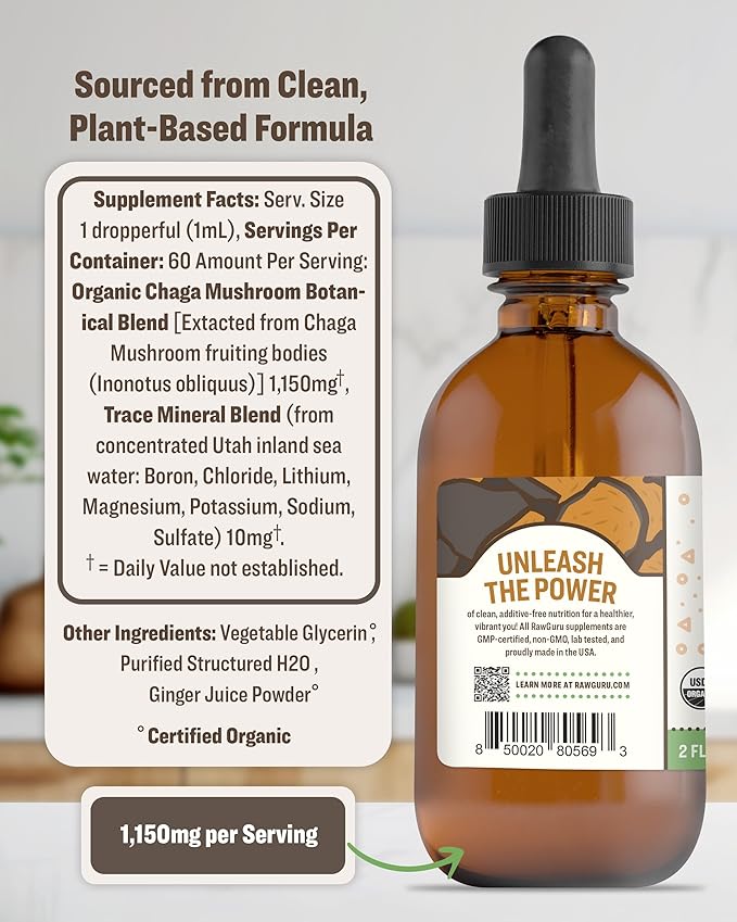 RawGuru Chaga Mushroom Supplement - Vegan Chaga Mushroom Extract with Trace Minerals - Nano-Processed Immunity Boost & Cognitive Supplement Tincture - 60 Servings of Vegan Drops per 60 ml, Pack of 1