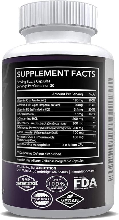 Nutrition 10 in 1 Elderberry, Vitamin C, Zinc, Vitamin E, Vitamin B6, Echinacea, Garlic, Turmeric, L-Glutamine HCL & Lactobacillus Probiotics & Antioxidants for Immune Defense 1 Month Supply