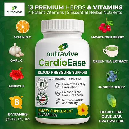 Blood Pressure Support Supplements – Featuring Hawthorn Berry, Hibiscus, Olive Leaf, Garlic Supplements, and Vitamin B12 for Nitric Oxide Supplement and Normal Blood Pressure - 90 caps