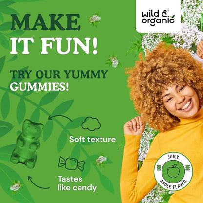 Wild & Organic Valerian Root Gummies 1800mg - Mood Support w/Valerian Root Extract - Calming Gummies for Relaxation - 60 Vegan, Non-GMO Powder Based Chews