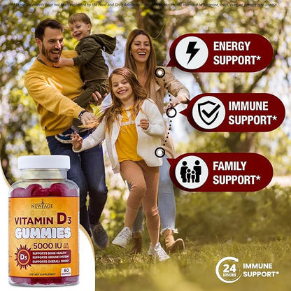 NEW AGE Vitamin D3 5000 IU 125mcg Gummies - Support Immune Support, Strong Bone Health - Non-GMO, Gluten-Free, Dairy-Free, No Gelatin (60 Gummies (Pack of 1))
