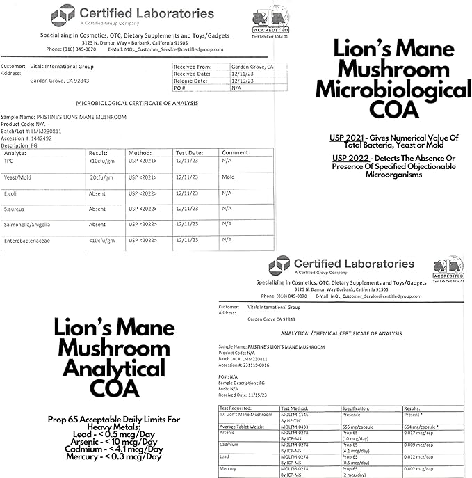 PRISTINE'S Lion's Mane Mushroom 1000mg (2 Pack) Brain Memory & Focus Adaptogen Supplement - 120 Day Supply - Cognitive Function & Immunity Health Memory Supplements for Adults - Vegan - Non-GMO