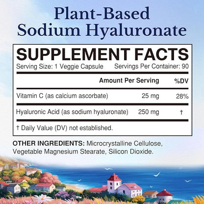 Vitalitown Hyaluronic Acid Supplements 250 mg, Plus 25 mg Vitamin C, Naturally Derived & High Bioavailability, Skin Hydration, 90 Vegan Capsules, 3 Month Supply