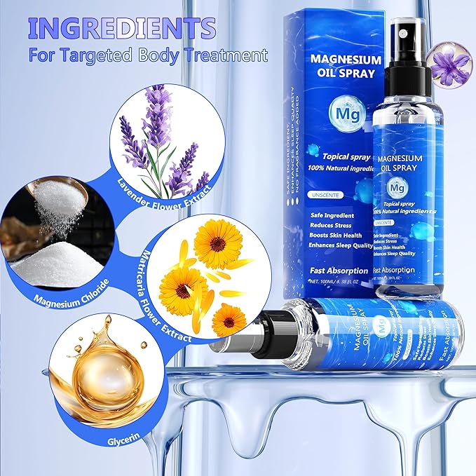 Pure Magnesium Oil Spray, 100Ml Topical Magnesium Spray Extra Strength, Organic Magnesium Oil Skin & Body Spray, Natural Magnesium Chloride Oil Spray for Feet