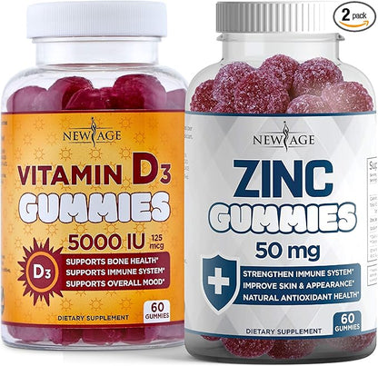 NEW AGE Immune Defense Combo - 2 Pack - Vitamin D3 Gummies 5000 IU 125mcg & High Potency Zinc Gummies, Immune Booster 120 Count