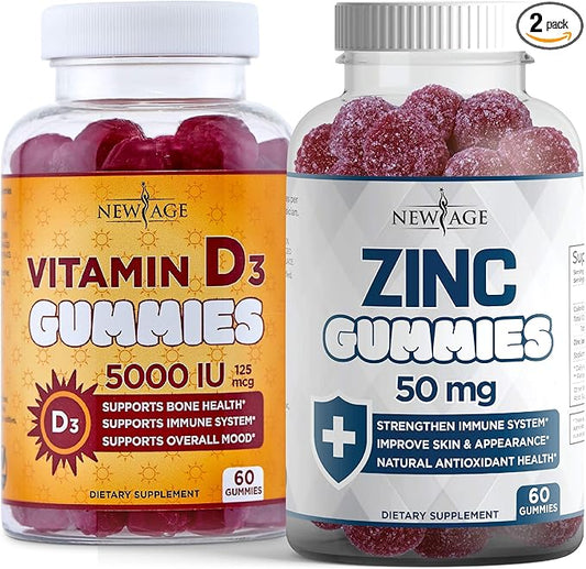 NEW AGE Immune Defense Combo - 2 Pack - Vitamin D3 Gummies 5000 IU 125mcg & High Potency Zinc Gummies, Immune Booster 120 Count